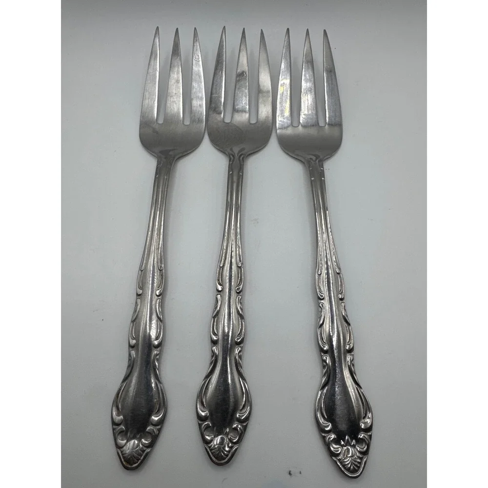 Carlyle Silver CAY1 Stainless Cold Meat Serving Forks Set of 3 Scroll Edge 8.5in